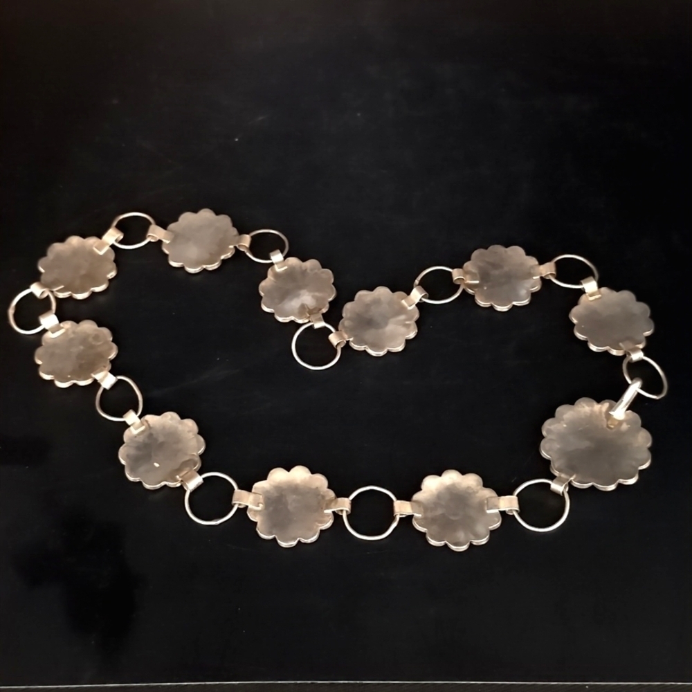 Sterling Silver Zuni Native American Sun Face MOP Turquoise Concho Belt Necklace - Picture 7 of 10